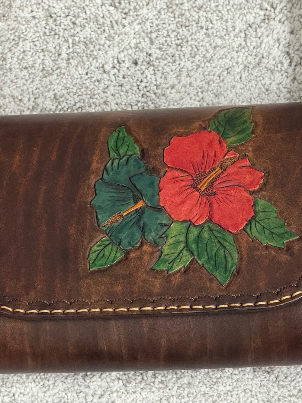 Hand-Tooled Brown Leather Crossbody with Red Hibiscus Accent